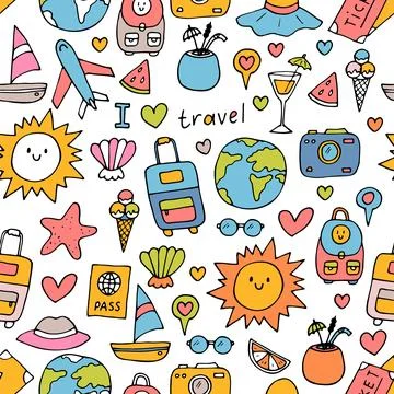 Hand drawn seamless pattern with travel icons. Summer vacation. Doodle, ske.. Stock Illustration