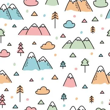 Hand drawn seamless pattern with trees and mountains. Creative scandinavian.. Illustrazione stock
