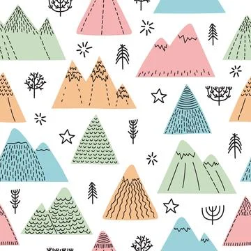 Hand drawn seamless pattern with trees, stars and mountains. Creative scand.. Illustrazione stock