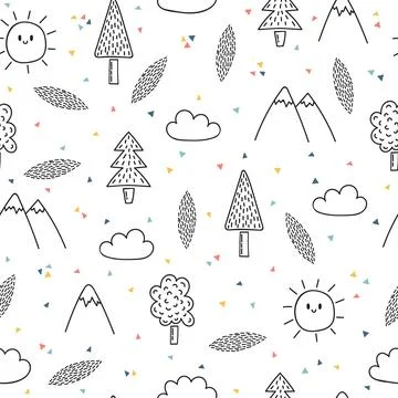 Hand drawn seamless pattern with trees and mountains. Creative ethnic scand.. 스톡 일러스트