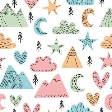 Hand drawn seamless pattern with trees, stars, hearts, clouds and mountains.. Illustrazione stock