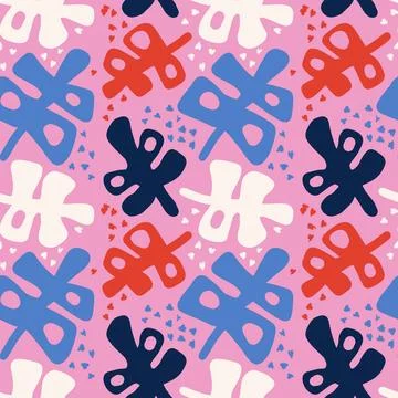 Hand drawn seamless pattern with tropical monstera leaves in pink blue white Stock Illustration