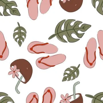Hand drawn seamless pattern tropical elements like flip flops and leaves, Illustrazione stock