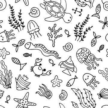Hand drawn seamless pattern with underwater animals. Ocean, sea life. Nauti.. Stock Illustration