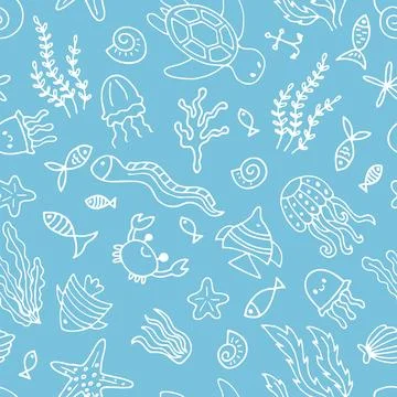 Hand drawn seamless pattern with underwater animals. Ocean, sea life. Nauti.. イラスト素材