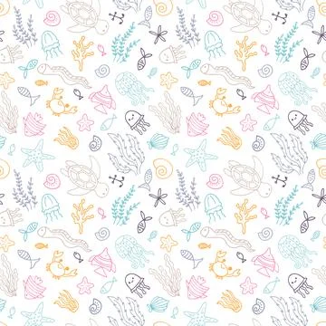 Hand drawn seamless pattern with underwater animals. Ocean, sea life. Nauti.. Illustrazione stock