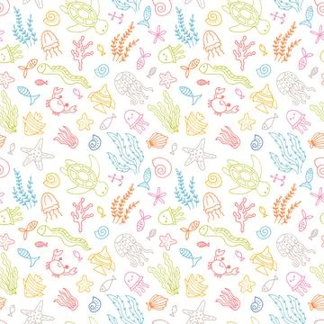 Hand drawn seamless pattern with underwater animals. Ocean, sea life. Nauti.. Stock Illustration
