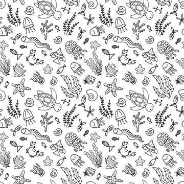 Hand drawn seamless pattern with underwater animals. Ocean, sea life. Nauti.. イラスト素材