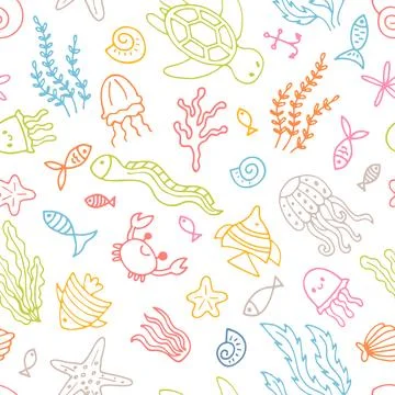 Hand drawn seamless pattern with underwater animals. Ocean, sea life. Nauti.. イラスト素材