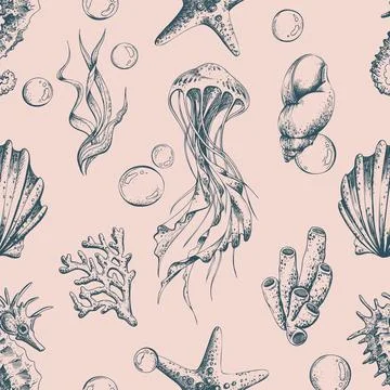 Hand drawn seamless pattern of underwater life. Marine animal art graphic design Stock Illustration