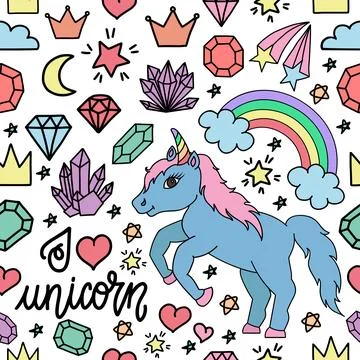 Hand drawn seamless pattern with unicorns, rainbows, crystals and other ele.. Stock Illustration