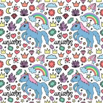Hand drawn seamless pattern with unicorns, rainbows, crystals and other ele.. Stock Illustration