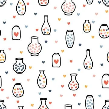 Hand drawn seamless pattern with vases and hearts. Scandinavian design. Ske.. Stock Illustration