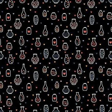 Hand drawn seamless pattern with vases and hearts. Scandinavian design. Bot.. Stock Illustration