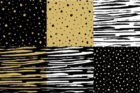 Hand drawn seamless pattern. Vector set of stripe and dots. Golden black style 스톡 일러스트