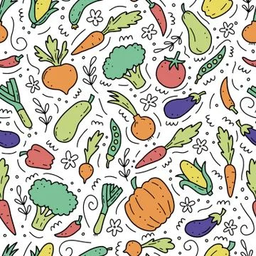 Hand drawn seamless pattern of vegetables. Vector illustration. Stock Illustration