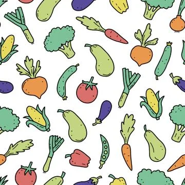 Hand drawn seamless pattern of vegetables. Vector illustration. Stock Illustration