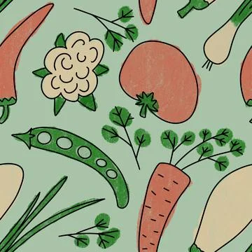 Hand drawn seamless pattern with vegetables veggies vegan vegetarian design Stock Illustration