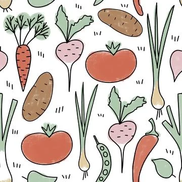 Hand drawn seamless pattern with vegetables veggies vegan vegetarian design Stock Illustration