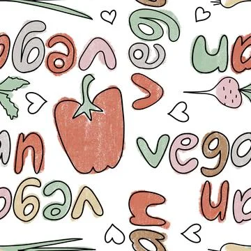 Hand drawn seamless pattern with vegetables veggies vegan vegetarian design Stock Illustration