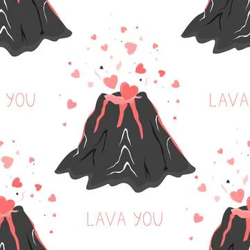 Hand drawn seamless pattern with volcano and lava hearts. Romantic Valentin.. Stock Illustration