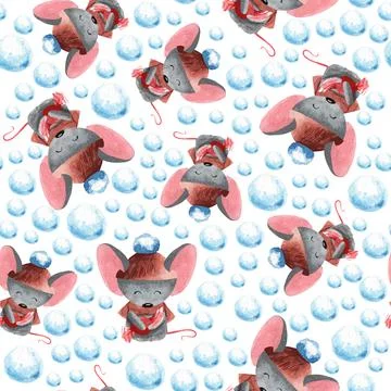 Hand drawn seamless pattern. Watercolor background with mice and snow. Stock Illustration