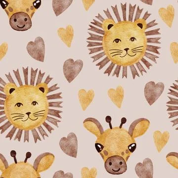 Hand drawn seamless pattern with watercolor african lions and giraffe. Cute Stock Illustration