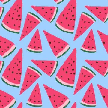 Hand drawn seamless pattern with watermelon fruit on blue, red green tropical Stock Illustration
