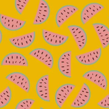 Hand drawn seamless pattern with watermelon fruit on yellow background, red Stock Illustration