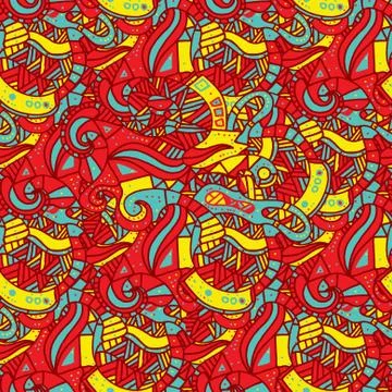 Hand drawn seamless pattern with wave, curl and triangle. Stock Illustration