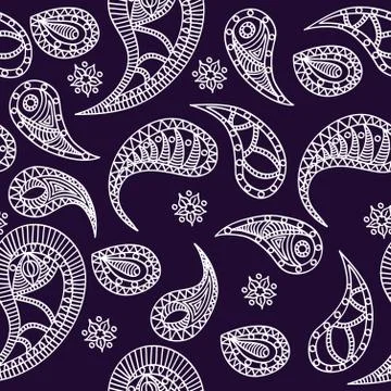 Hand drawn seamless pattern with white doodle elements on violet background. Stock Illustration