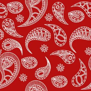 Hand drawn seamless pattern with white doodle elements on red background. Stock Illustration