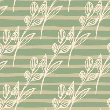 Hand drawn seamless pattern with white flowers. Beige background with green l Stock Illustration