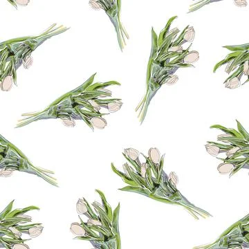 Hand-drawn seamless pattern with white tulips on white background. Isolated Stock Illustration