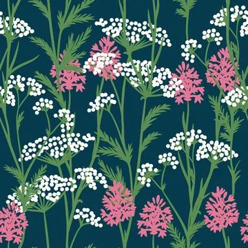 Hand drawn seamless pattern of white cow parsley pink pyramidal orchid meadow Stock Illustration