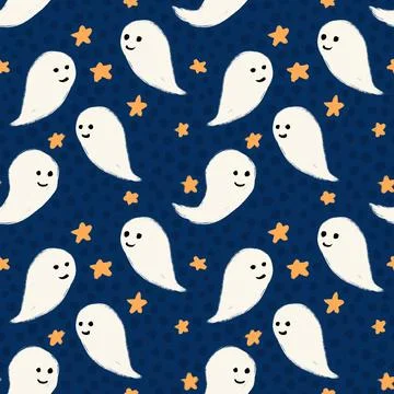 Hand drawn seamless pattern with white cute ghosts yellow stars on dark blue Illustrazione stock