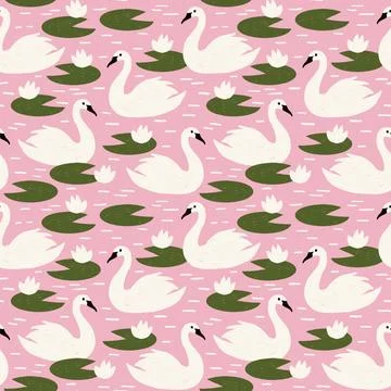 Hand drawn seamless pattern with white swans birds green water lily pond lake Stock Illustration