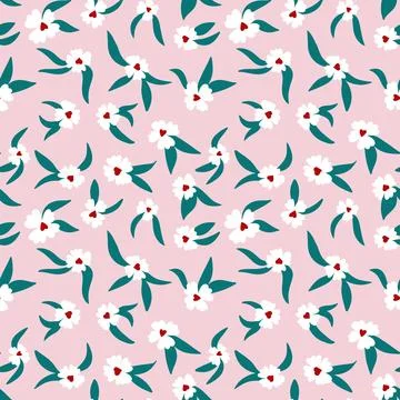 Hand drawn seamless pattern in whiteflower floral red hearts ditsy st Valentine Stock Illustration