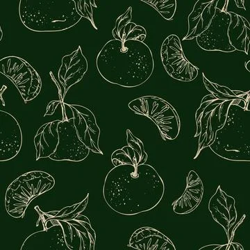 Hand-drawn seamless pattern with whole tangerines, slices and citrus leaves Stock Illustration