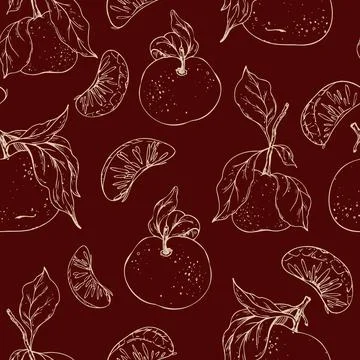 Hand-drawn seamless pattern with whole tangerines, slices and citrus leaves on a Stock Illustration