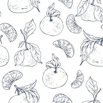 Hand-drawn seamless pattern with whole tangerines, slices and citrus leaves Illustrazione stock