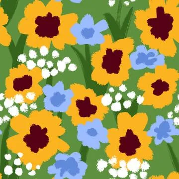 Hand drawn seamless pattern with wildflowers wild field flowers, white blue Stock Illustration
