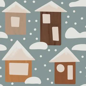 Hand drawn seamless pattern with winter scandinavian nordic houses in snow Stock Illustration