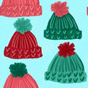 Hand drawn seamless pattern with winter beanie hats caps with pompom on blue Stock Illustration