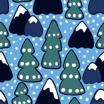 Hand drawn seamless pattern with winter pine tree conifer forest blue mountains イラスト素材