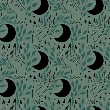Hand drawn seamless pattern with witch hands moon phases in vertical line on Illustrazione stock