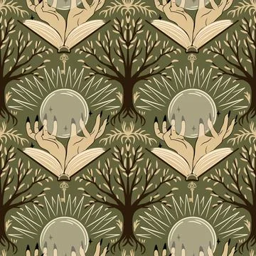 Hand drawn seamless pattern of witch forest tree with crystal ball books Stock Illustration