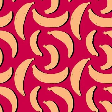 Hand drawn seamless pattern yellow banana on red. Trendy red pink 80s 90s fruit Stock Illustration