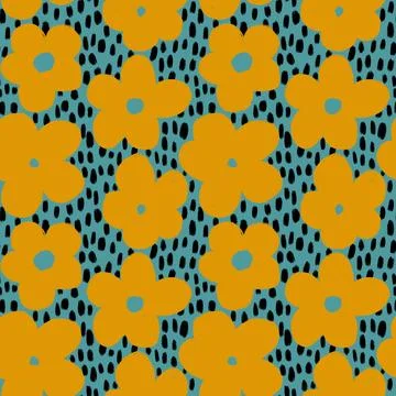 Hand drawn seamless pattern with yellow daisy flowers, floral print on blue teal Stock Illustration