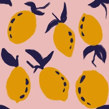 Hand drawn seamless pattern of yellow lemons with navy blue leaves on pink Stock Illustration